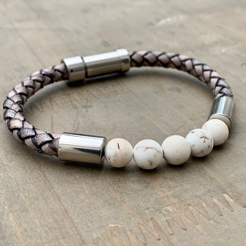 Hoxton Light unisex leather and stainless steel stone bracelet
