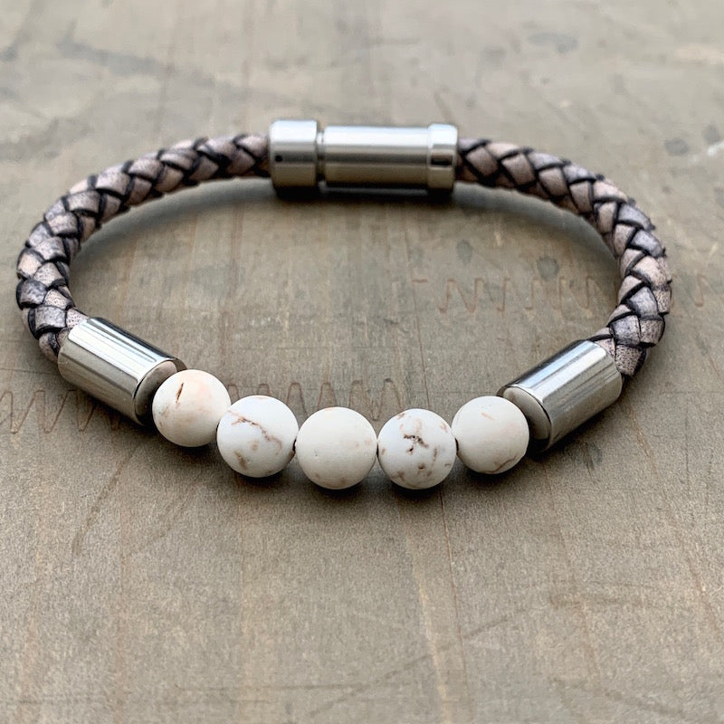 Hoxton Light unisex leather and stainless steel stone bracelet