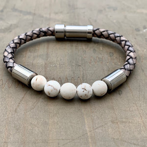 Hoxton Light unisex leather and stainless steel stone bracelet
