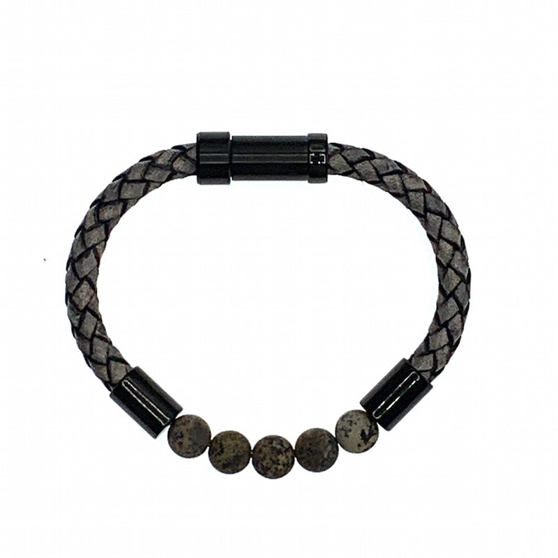 Hoxton grey unisex leather and stainless steel stone bracelet