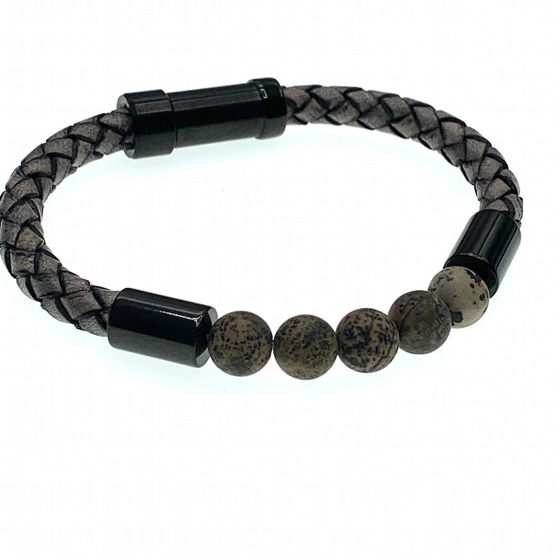 Hoxton grey unisex leather and stainless steel stone bracelet