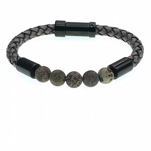 Hoxton grey unisex leather and stainless steel stone bracelet