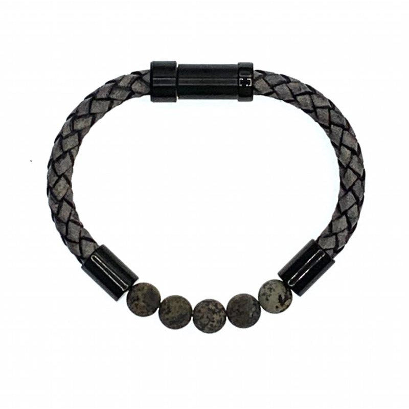 Hoxton grey unisex leather and stainless steel stone bracelet