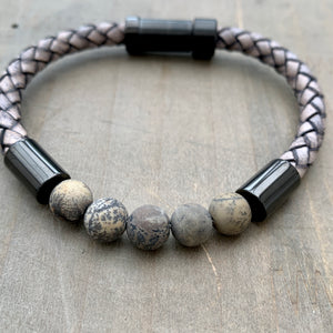 Hoxton grey unisex leather and stainless steel stone bracelet