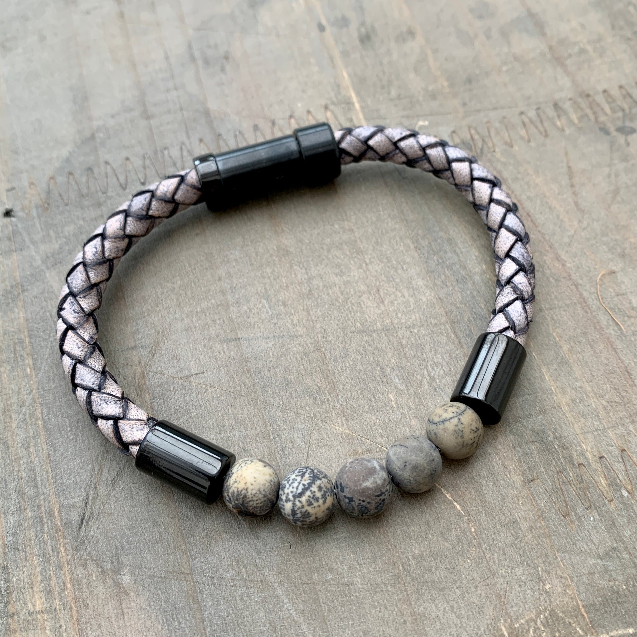 Hoxton grey unisex leather and stainless steel stone bracelet