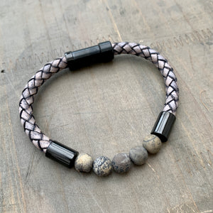 Hoxton grey unisex leather and stainless steel stone bracelet