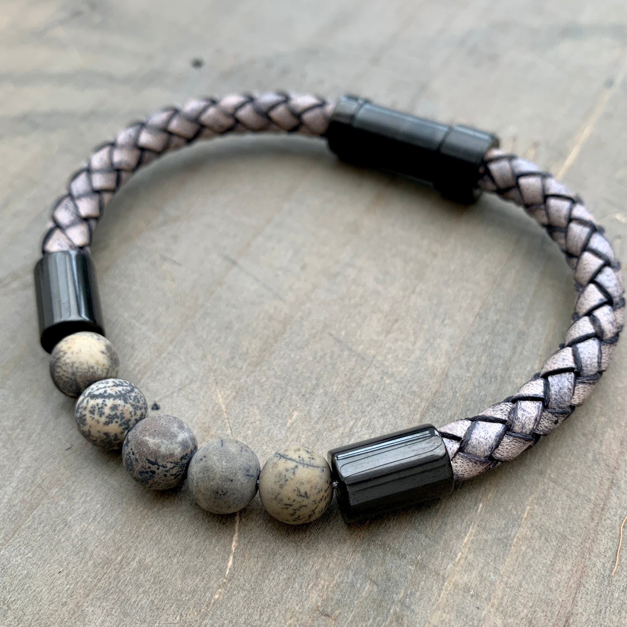 Hoxton grey unisex leather and stainless steel stone bracelet