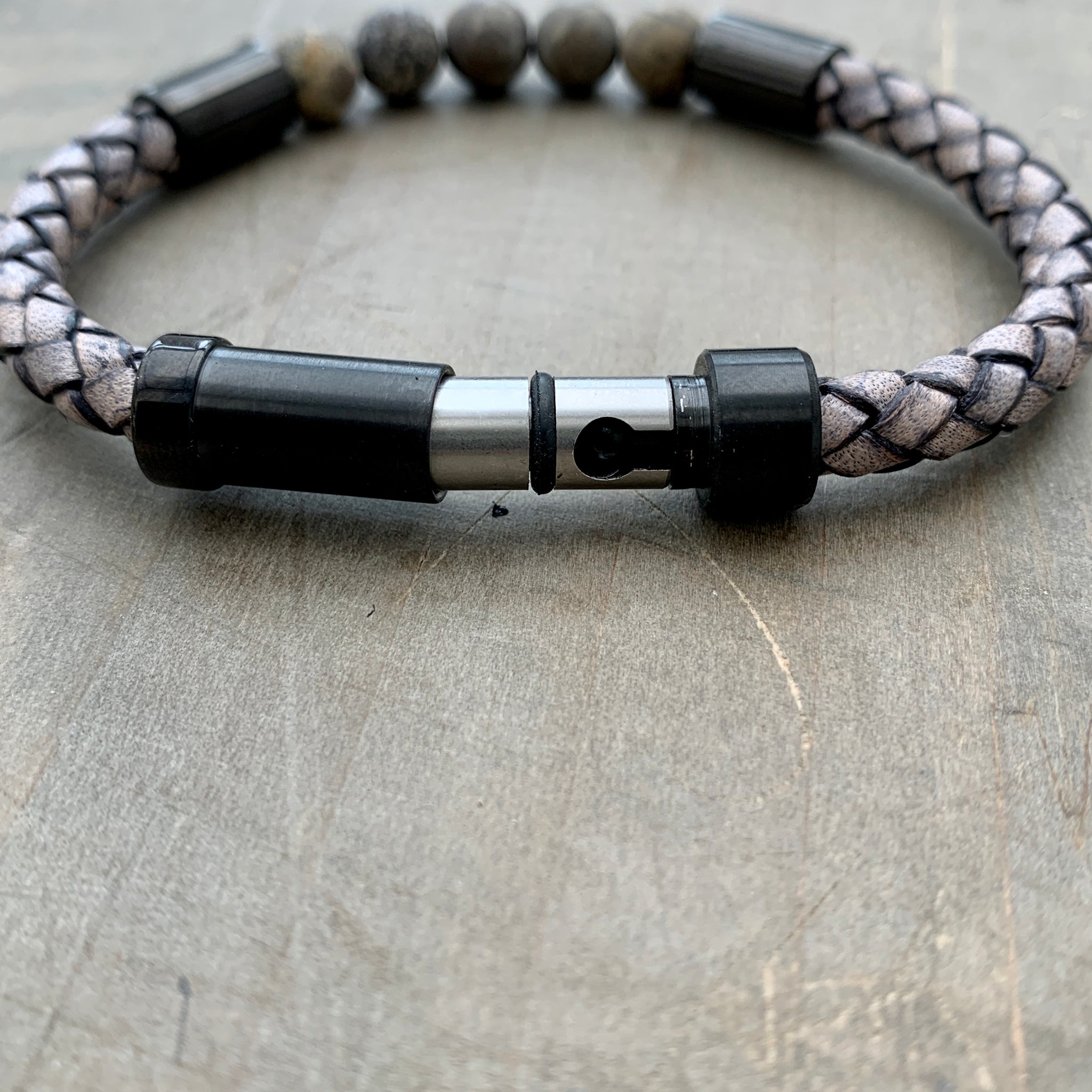 Hoxton grey unisex leather and stainless steel stone bracelet
