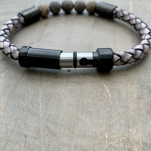Hoxton grey unisex leather and stainless steel stone bracelet