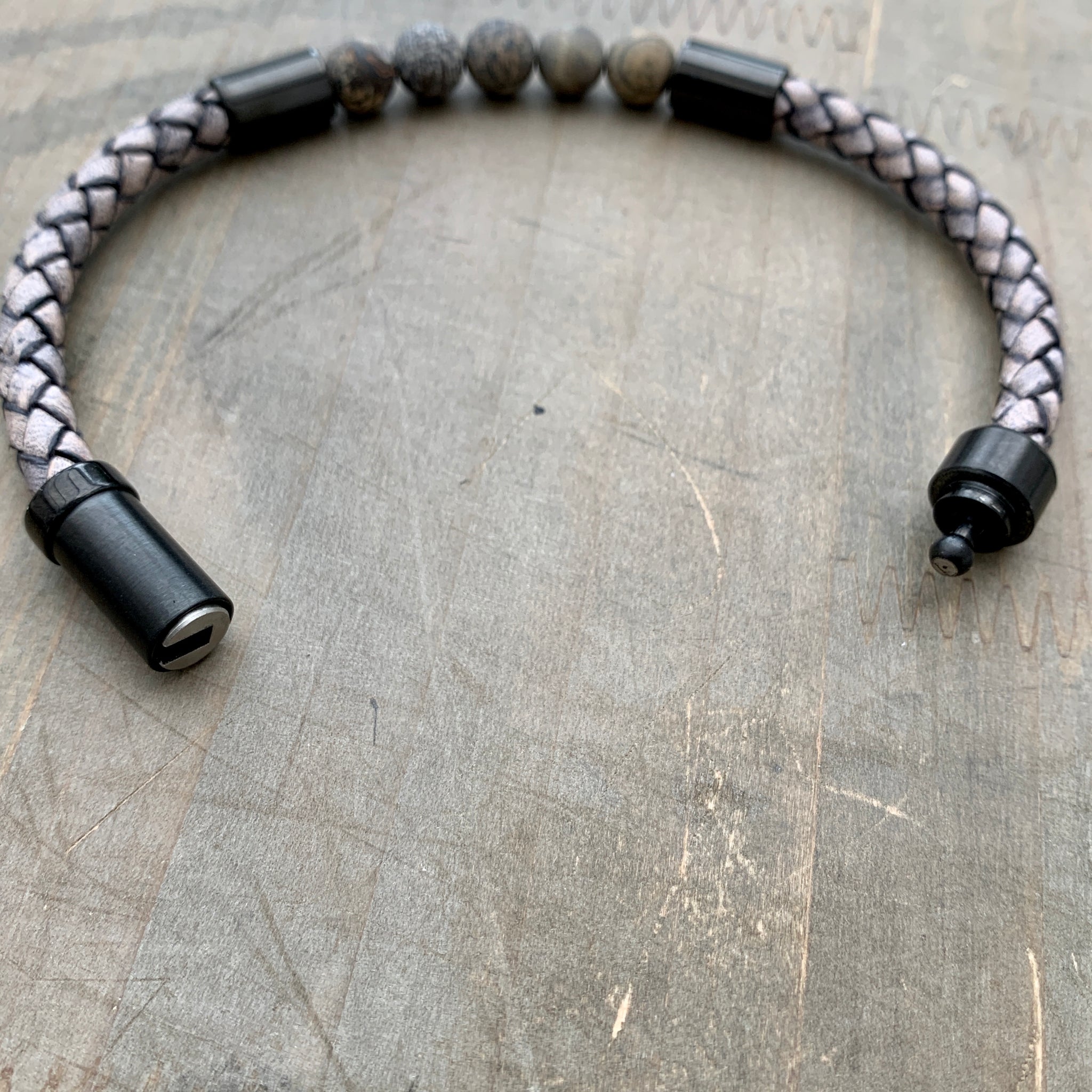 Hoxton grey unisex leather and stainless steel stone bracelet