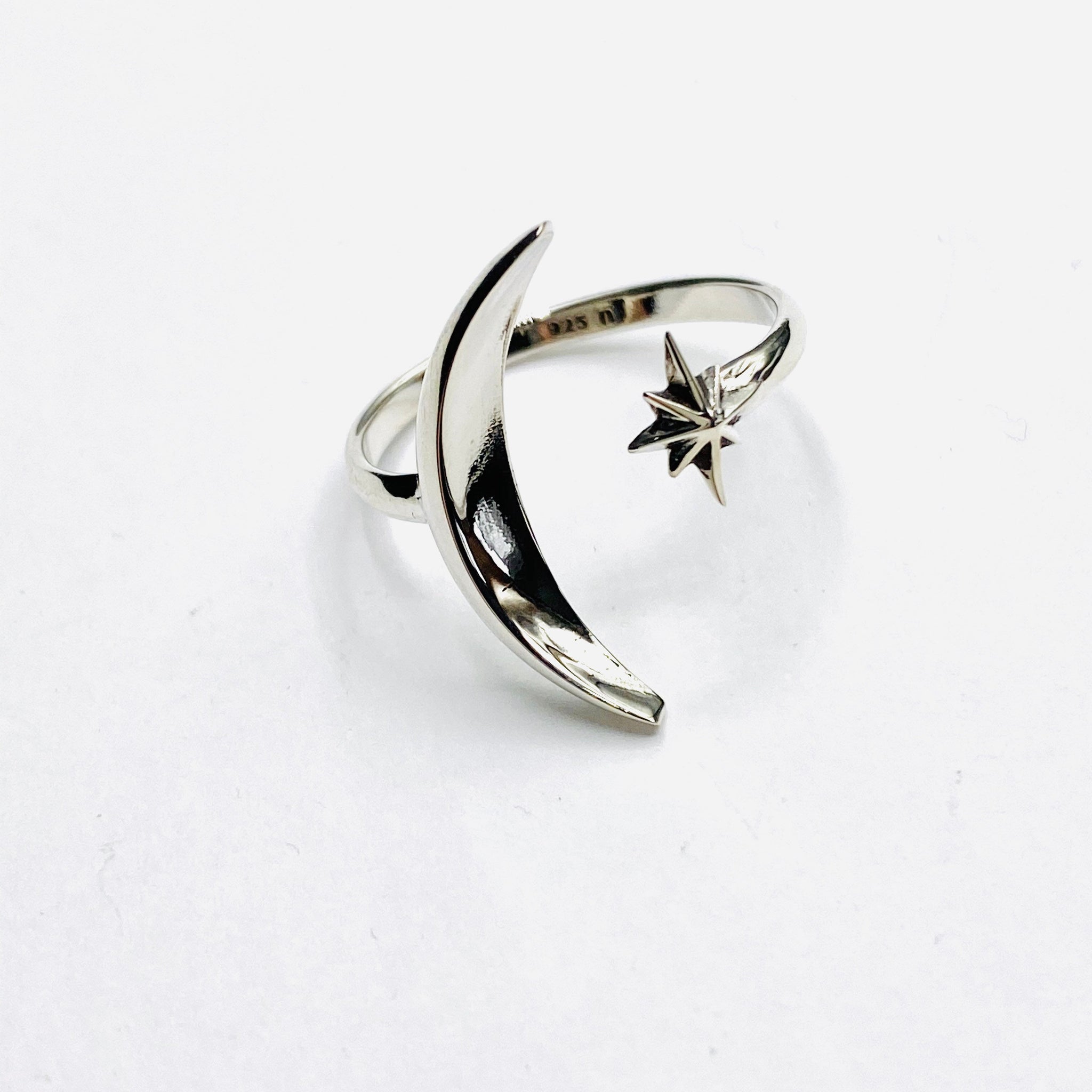 Star and moon silver ring