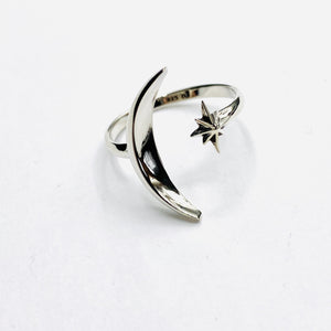 Star and moon silver ring