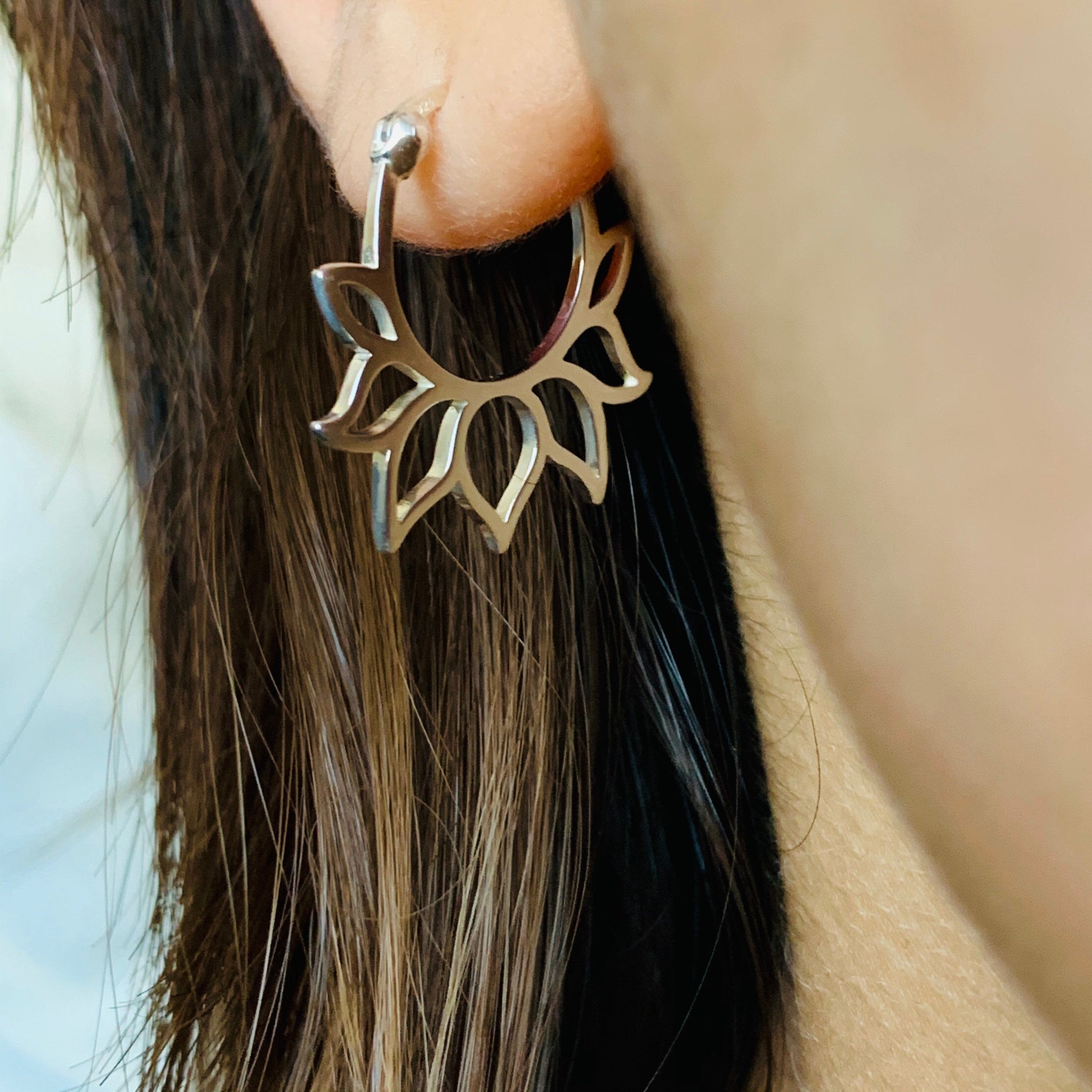 Lotus silver hoop earrings
