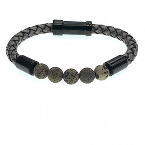 Hoxton grey unisex leather and stainless steel stone bracelet