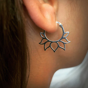 Lotus silver hoop earrings