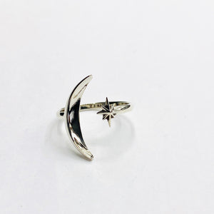 Star and moon silver ring